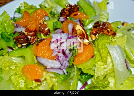 Mixed green salad candied pecans diced purple onions canned mandarin orange segments romaine lettuce