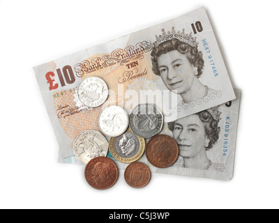 English Currency - £10 Note, £5 Note, £2 coin, 50 Pence, 20 Pence, 10 Pence, 2 Pence, 1 Pence Stock Photo