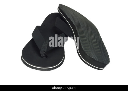Pair of black flip flops casual footwear on white background Stock Photo