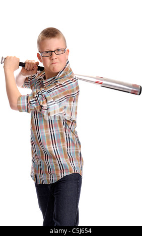 angry boy with baseball bat. Isolated on white background Stock Photo