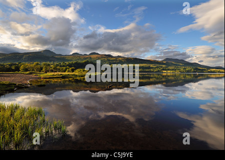 Dramatic evening light on the Ben Lawers and Tarmachan ranges reflecting in still water at Loch Tay, Perthshire, Scotland, UK Stock Photo