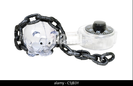 Secure banking shown by a heavy padlock attached to a large chain around a clear piggy bank - path included
