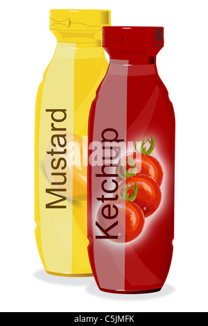 Drawing of bottles of Mustard and Ketchup. Stock Photo