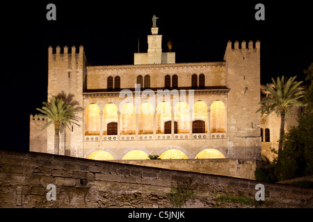 La Almudaina Palacio Real Palace in Palma de Mallorca night view at Balearic islands Stock Photo