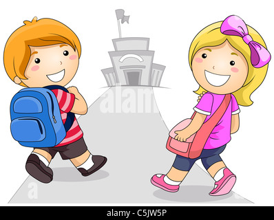 Illustration Featuring a Young Boy and Girl Going to School Stock Photo