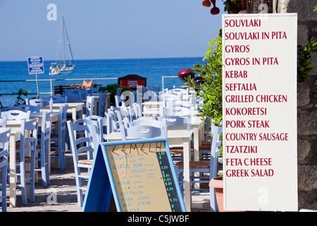 A sea front restaurant in Skala Eresou, Lesbos, Greece. Stock Photo