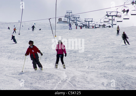 Skiers in Mzaar ski resort, Faraya, Lebanon Stock Photo