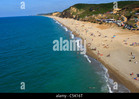 People enjoying the beach and swimming in the sea, aerial, Ormanli, Black Sea coast of Istanbul, Turkey Stock Photo