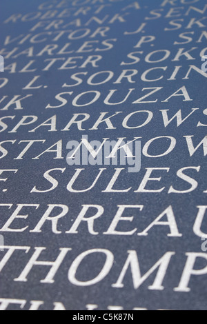 Abstract closeup of engraved names on the Iwo Jima war memorial. Stock Photo