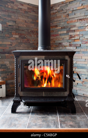 A new cast iron wood stove burning hot with slate tile. Stock Photo