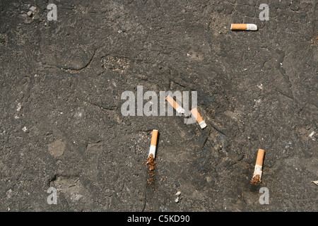 cigarette stubs on road Stock Photo