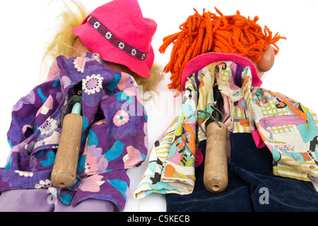 Rear view of vintage hand puppets / ventriloquist dolls Stock Photo