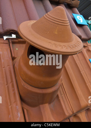 Creteil, France, DIY Hardwares Store, Castorama, Products, Detail, Clay Chimney and Tiled Rooftop on DIsplay Stock Photo