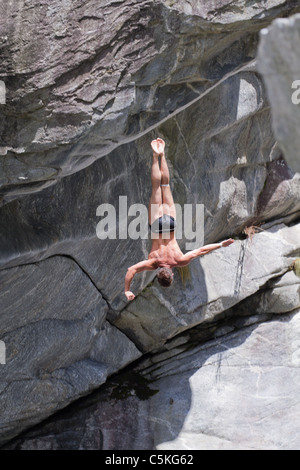 Cliff diving athletes compete in the WHDF European Championship 2011 with dives from up to 20m high Stock Photo
