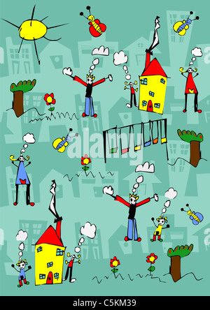 Child hand drawn illustration of a happy family outdoors activities. Stock Photo