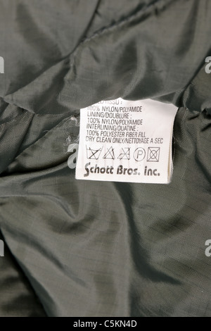 Men's Schott brand bomber jacket, military flight jacket as worn by pilots in the air force. Label detail. Stock Photo