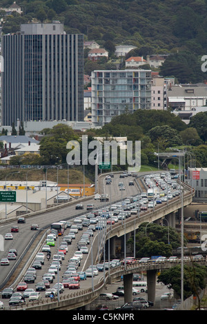 Elevated section of Wellington Urban Motorway in evening rush hour, Thorndon, Wellington, New Zealand Stock Photo
