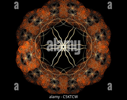 An Orange Coloured Kaleidoscope Flame Pattern Created Using the Apophysis Program Stock Photo