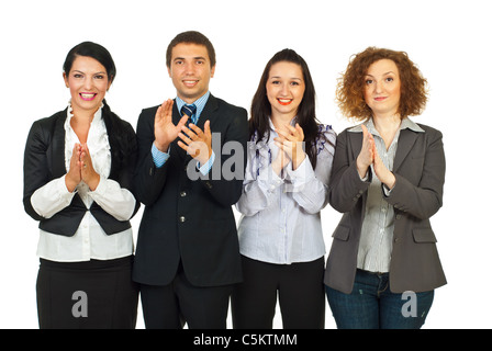 Clapping happy business people standing in a row isolated on white background Stock Photo