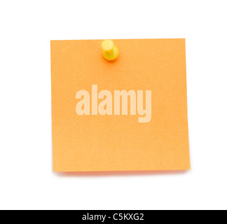 Orange post-it with drawing pin Stock Photo - Alamy
