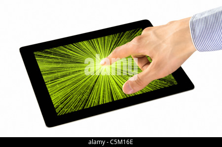 Businessman uses an interactive application on digital tablet PC. Isolated on white. Stock Photo