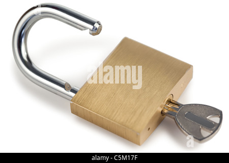 Open padlock with key Stock Photo