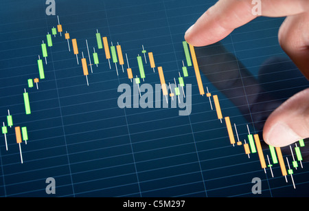 Touching stock market graph on a touch screen device. Stock Photo