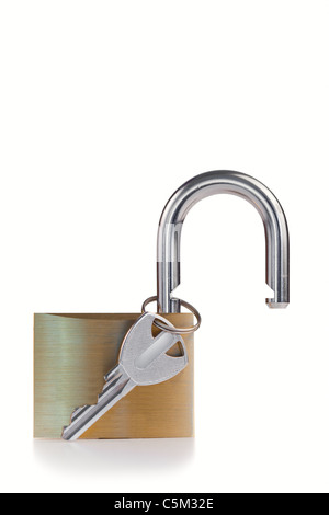 Open padlock with key on a white background Stock Photo