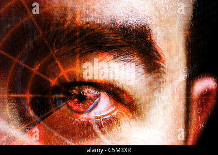 Abstract montage of a mans eye with a radar grid overlaying the pupil. Shallow depth of field. Great concept for cyber crime Stock Photo