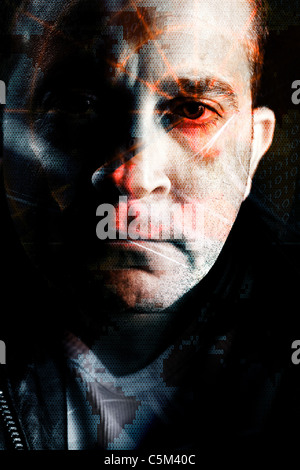Abstract montage of a computer hacker with a radar grid and binary code overlaying his eye. Stock Photo