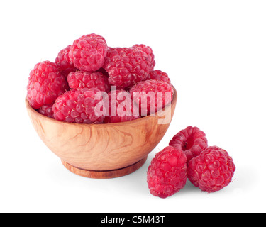Wooden bowl full of fresh raspberry isolated on white background Stock Photo
