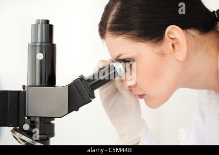 Scientist looking through a microscope in a lab Stock Photo