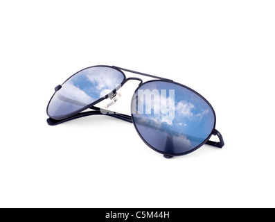 Aviator sunglasses with sky reflection isolated on white background