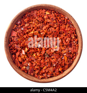 Wooden bowl full of red chili pepper isolated on white background Stock Photo