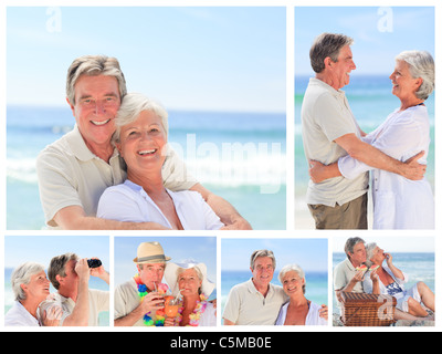 Collage of an elderly couple enjoying moments on a beach Stock Photo