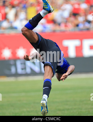 Manchester United wing, Luis Nani, celebrates his second half goal, vs. Chicago Fire at Soldier Field. July 23, 2011 Stock Photo