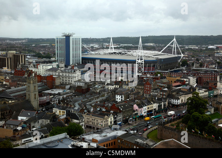 Aerial view of Millennium / Principality Stadium and St John the Baptist church, taken from a nearby high rise building, Cardiff, Wales Stock Photo