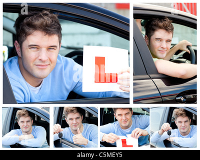 Happy teenage boy showing holding a modern car key and a learner plate while sitting behind the whee Stock Photo