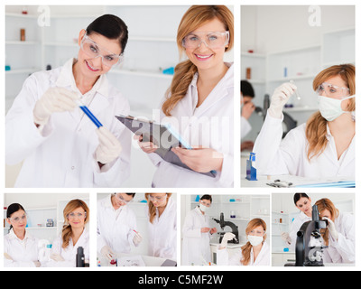 Collage of two female scientists doing experiments Stock Photo