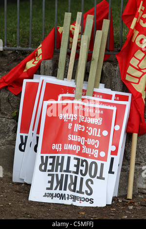 Protest boards and placards waiting to be used at a protest on Government cuts in Brighton, East Sussex, UK. Stock Photo