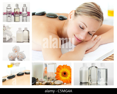 Collage of a beautiful blond woman relaxing Stock Photo