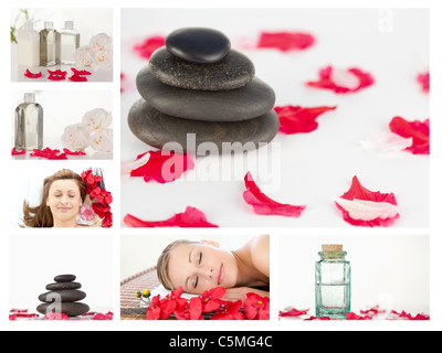 Collage of beautiful women relaxing while lying Stock Photo