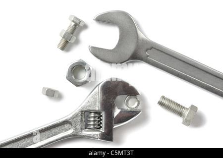 Set of wrenches and screws isolated on white background Stock Photo