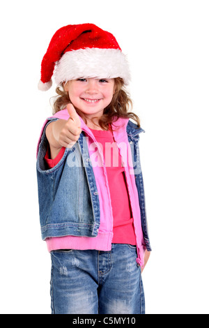 Little girl in denim suit and a hat of Santa Claus Stock Photo