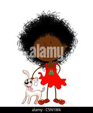 Cute curly hair black girl and puppy, isolated objects over white background Stock Photo