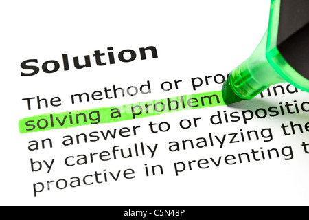 'Solving a problem' highlighted in green, under the heading 'Solution' Stock Photo