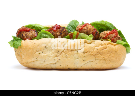 Meatball Sub Sandwich from low perspective isolated on white. Stock Photo