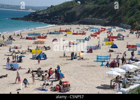 Sunbathers on the beach, Porthminster Beach St Ives Cornwall England UK Stock Photo