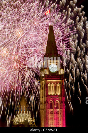 Ottawa Parliament during the fireworks display on Canada Day. Stock Photo