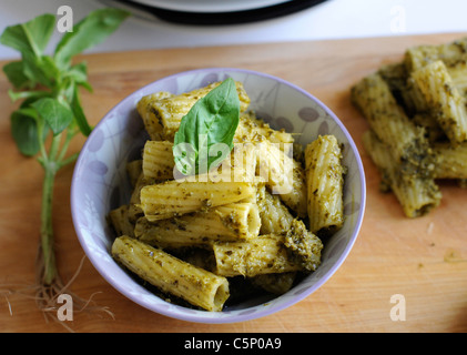 Rigatoni pasta with pesto genovese Stock Photo